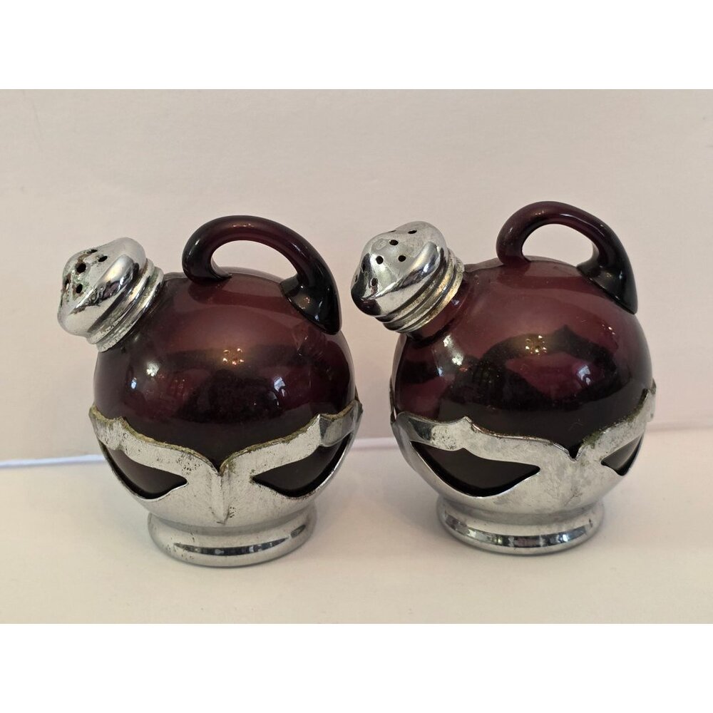 Vintage Farber Bros NY Chrome & Amethyst Glass Salt & Pepper Shakers Art Deco